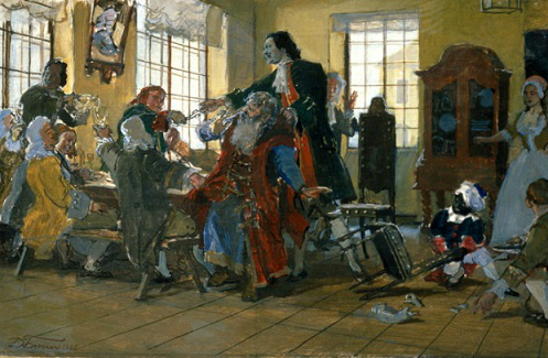 The painting "Peter I cuts the beards of the boyars". Artist Dmitry Belyukin, 1985 | Hobby Keeper Articles
